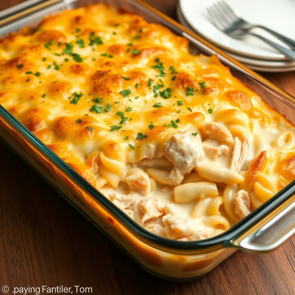 A golden brown chicken Alfredo casserole in a baking dish, garnished with parsley, on a rustic table with a fork and plate.